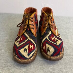 Cosmos Kilim Boots Womens 7 Multi Color Tapestry Leather Lace Up Lug Sole Boho